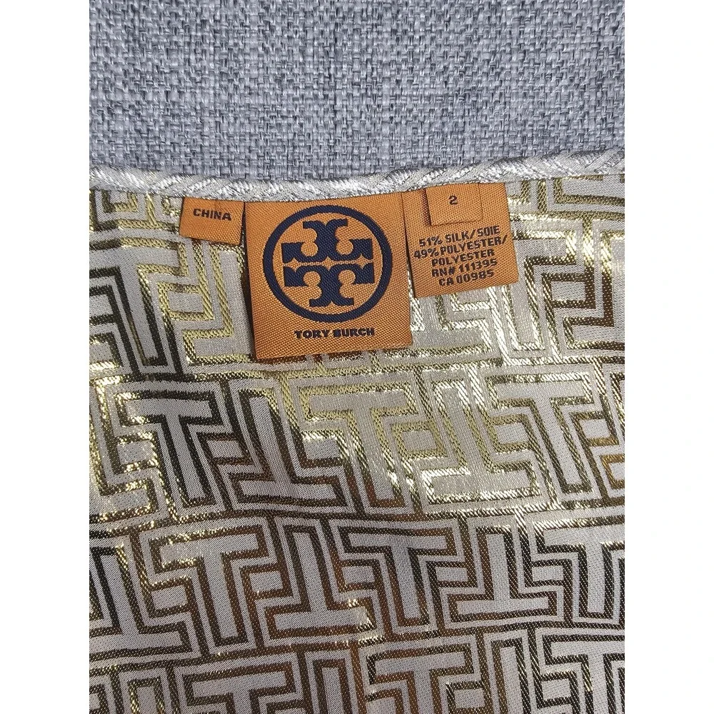 Tory Burch Tank Top Womens 2 Gold Silver Metallic Silk Blend Sleeveless Zip Back